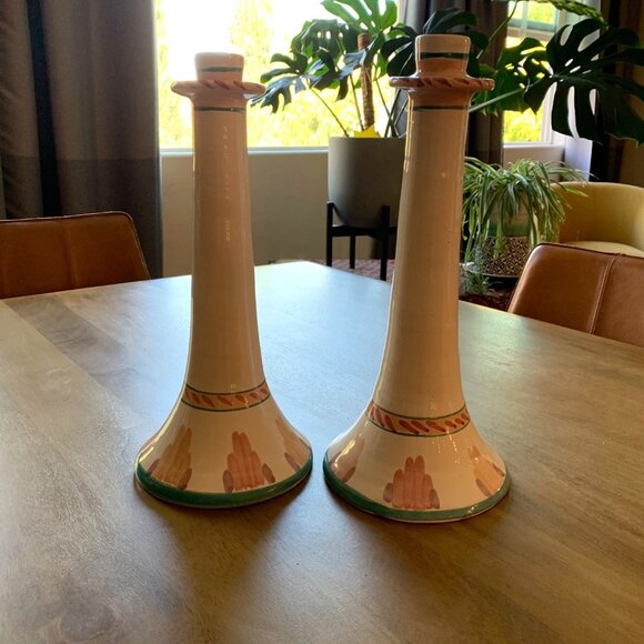 Vintage Pair Of Hand-Painted Ceramic Candlesticks Southwest 14" 7701 - Picture 4 of 15